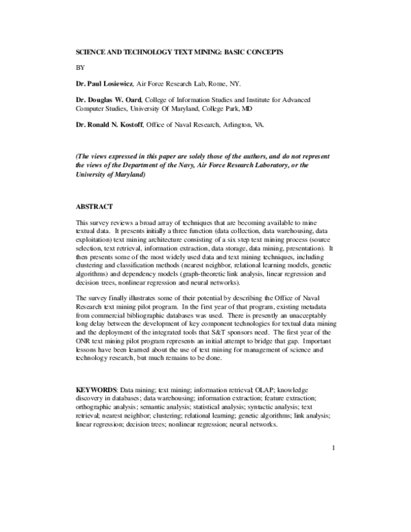 (PDF) Science and Technology Text Mining Basic Concepts