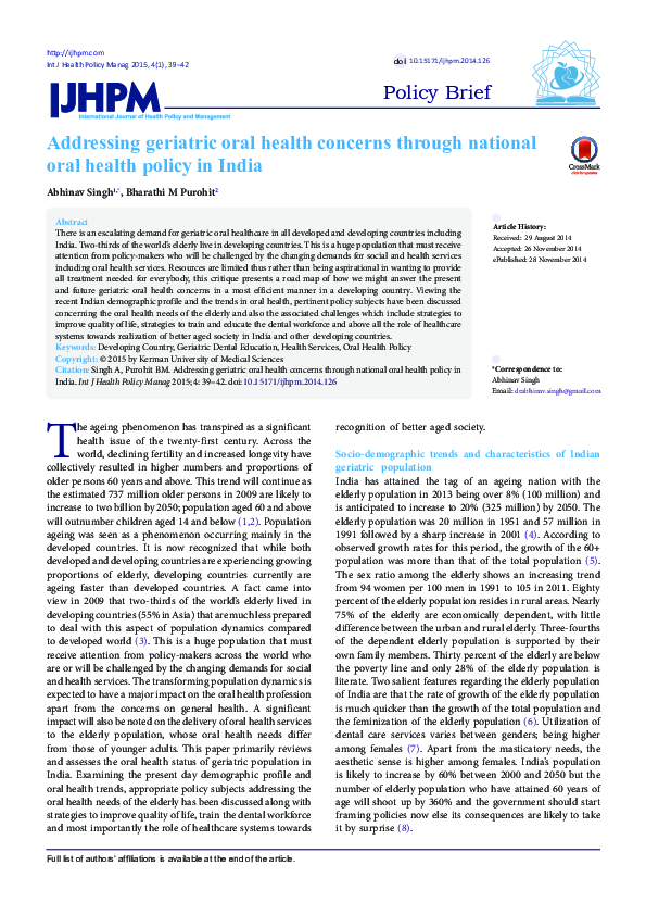 (PDF) Addressing geriatric oral health concerns through national oral
