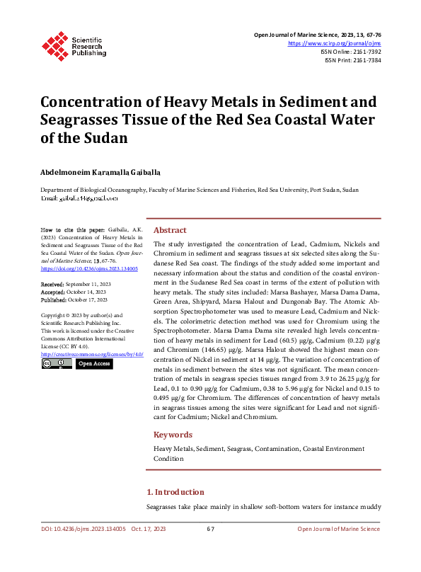 (PDF) Concentration of Heavy Metals in Sediment and Seagrasses Tissue ...