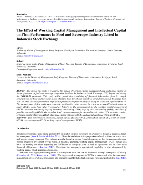 (PDF) effect of working capital management and intellectual capital on ...