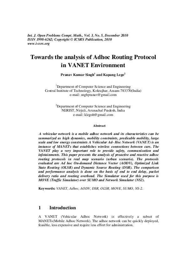 (PDF) Towards the analysis of Adhoc Routing Protocol in VANET Environment