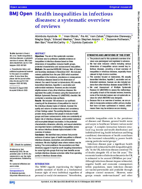(PDF) Health inequalities in infectious diseases: a systematic overview ...
