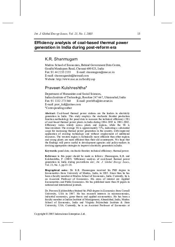 (PDF) Efficiency analysis of coal-based thermal power generation in ...