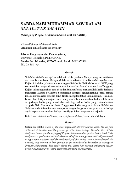 (PDF) SABDA NABI MUHAMMAD SAW DALAM SULALAT US-SALATIN