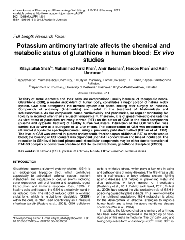 glutathione research paper PDF) Potassium antimony tartrate affects the chemical and metabolic status  of glutathione in human blood: Ex vivo studies