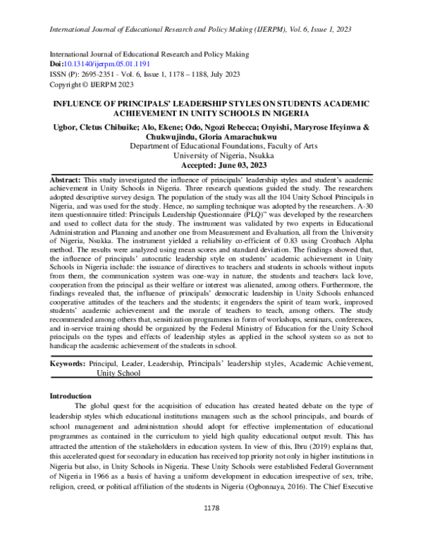 (PDF) INFLUENCE OF PRINCIPALS' LEADERSHIP STYLES ON STUDENTS ACADEMIC ...
