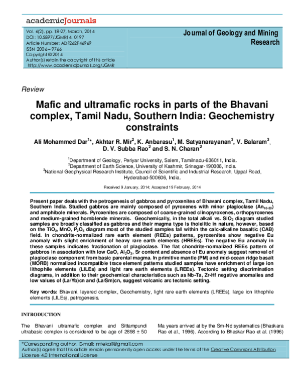 (PDF) Mafic and ultramafic rocks in parts of the Bhavani complex, Tamil ...