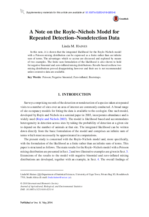 (PDF) A Note on the Royle–Nichols Model for Repeated Detection ...