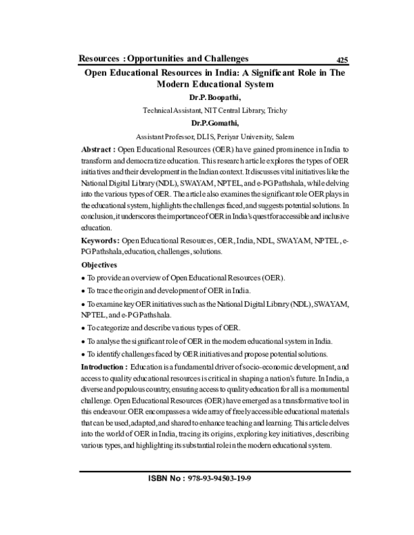 (PDF) Open Educational Resources in India: A Significant Role in The ...