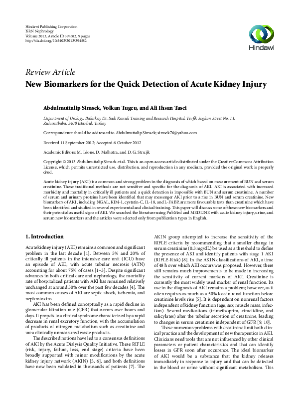 (PDF) New Biomarkers for the Quick Detection of Acute Kidney Injury