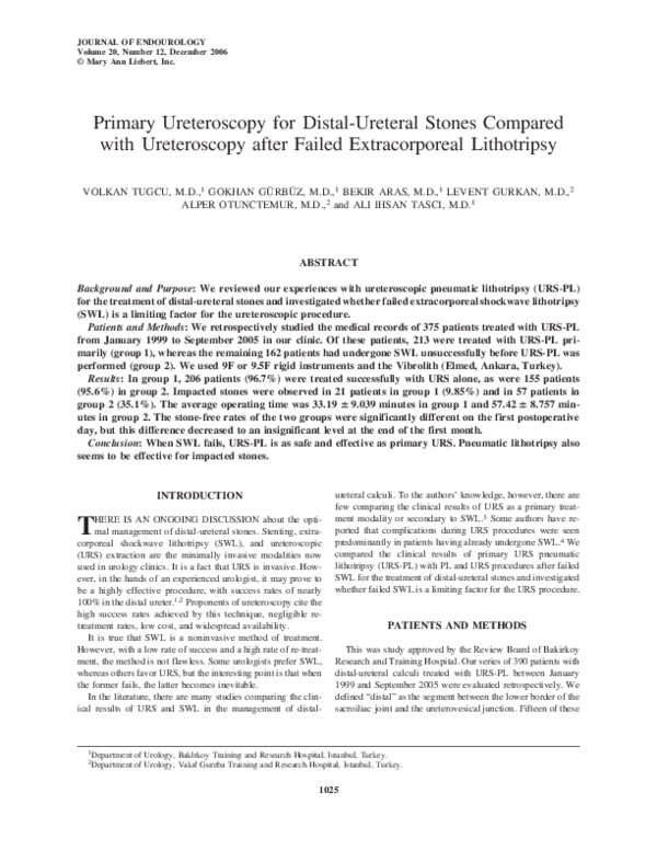 (PDF) Primary Ureteroscopy for Distal-Ureteral Stones Compared with ...