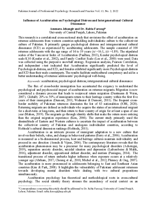 (PDF) Influence of Acculturation on Psychological Distress and ...