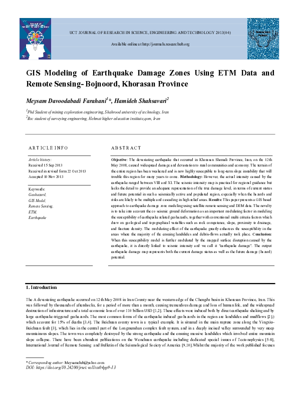 (PDF) GIS Modeling of Earthquake Damage Zones Using ETM Data and Remote ...