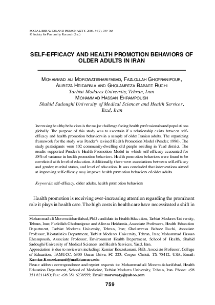 (PDF) Self-Efficacy and Health Promotion Behaviors of Older Adults in Iran