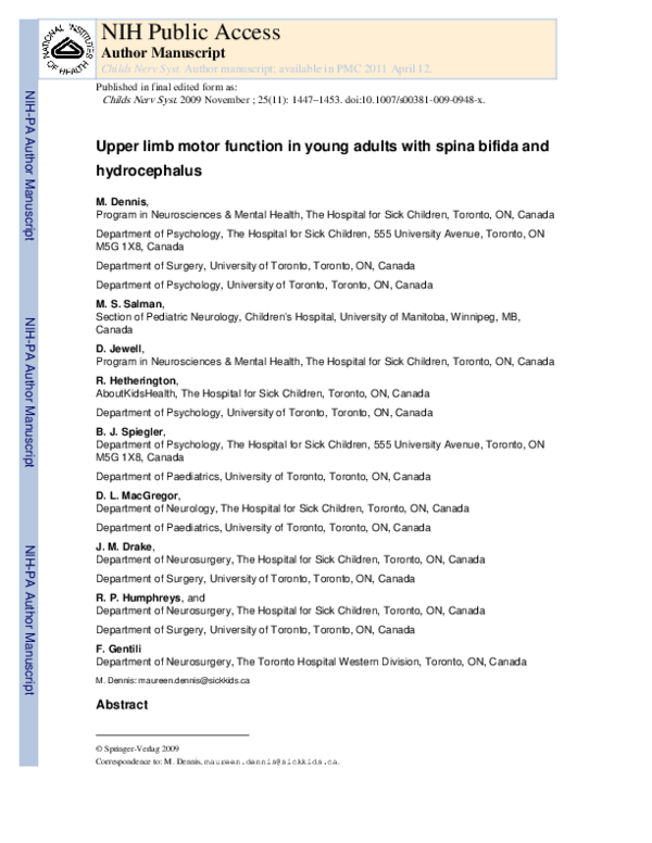 (PDF) Upper limb motor function in young adults with spina bifida and ...