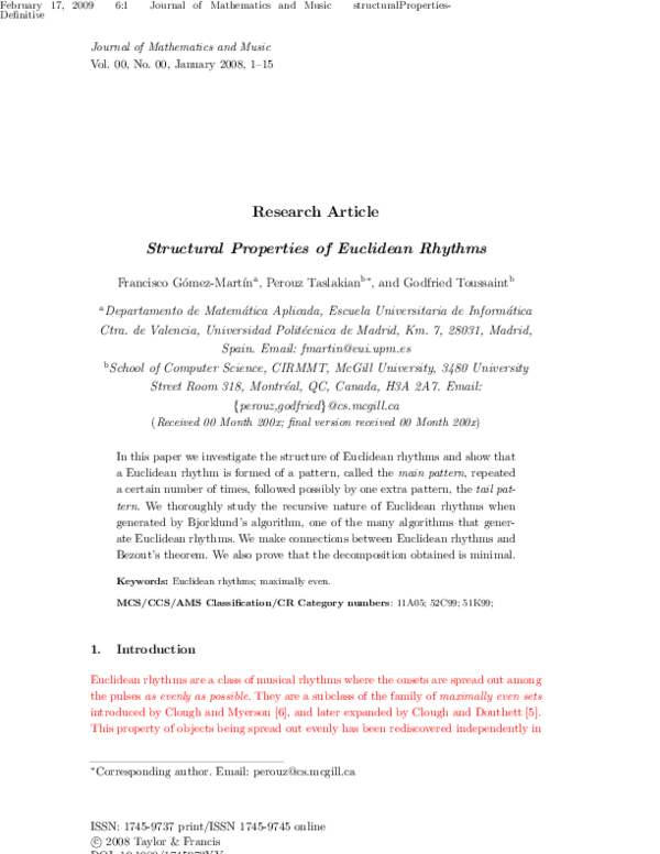 (PDF) Structural properties of Euclidean rhythms