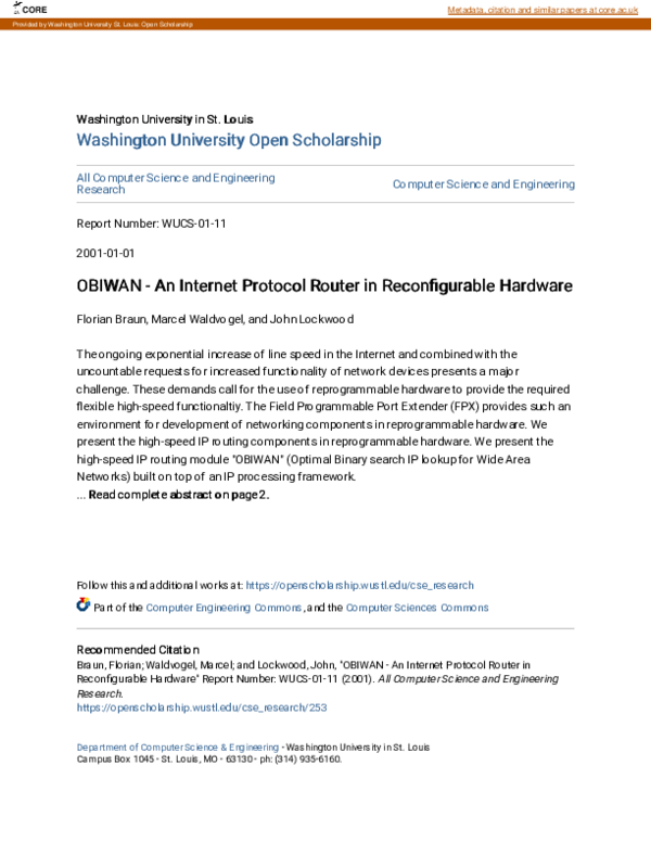 (PDF) OBIWAN - An Internet Protocol Router in Reconfigurable Hardware