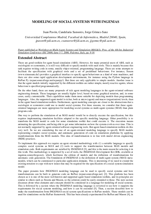 (PDF) Modelling and simulation of social systems with INGENIAS