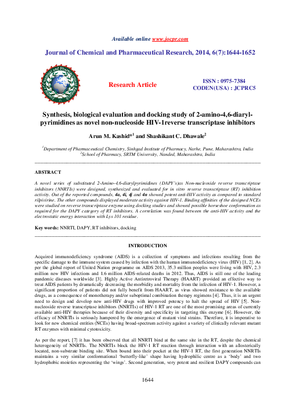 (PDF) Synthesis, biological evaluation and docking study of 2-amino-4,6 ...
