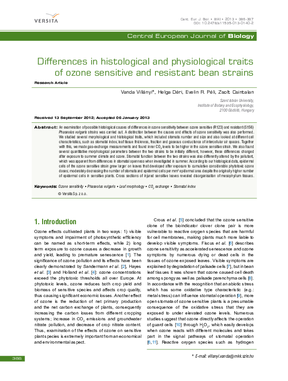 (PDF) Differences in histological and physiological traits of ozone ...