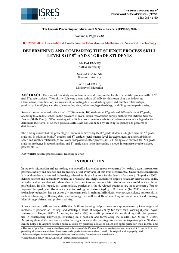 (PDF) DETERMINING AND COMPARING THE SCIENCE PROCESS SKILL LEVELS OF 5th ...