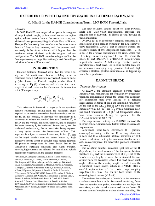 (PDF) Experience with DAFNE upgrade including crab waist