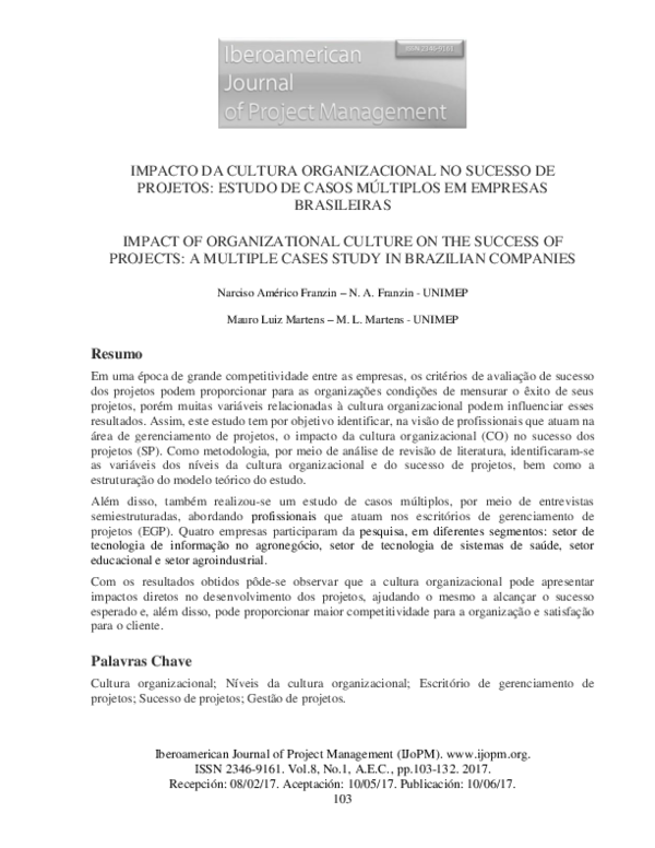 (PDF) Impact of Organizational Culture on the Success of Projects: A ...