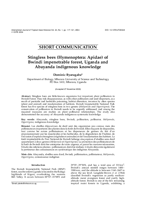 (PDF) Stingless bees (Hymenoptera: Apidae) of Bwindi impenetrable ...