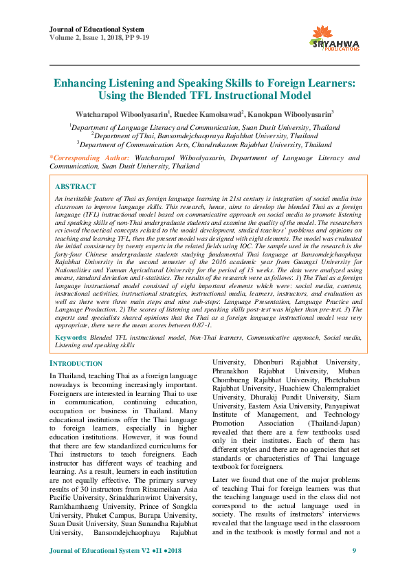 (PDF) Enhancing Listening and Speaking Skills to Foreign Learners ...