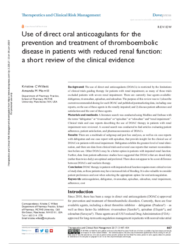 (PDF) Use of direct oral anticoagulants for the prevention and ...