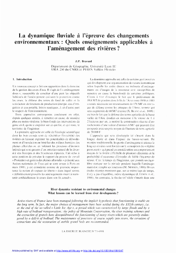 (PDF) La dynamique fluviale à l'épreuve des changements ...