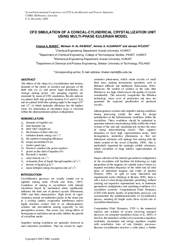 (PDF) CFD Simulation of a conical-cylindrical crystallization unit ...