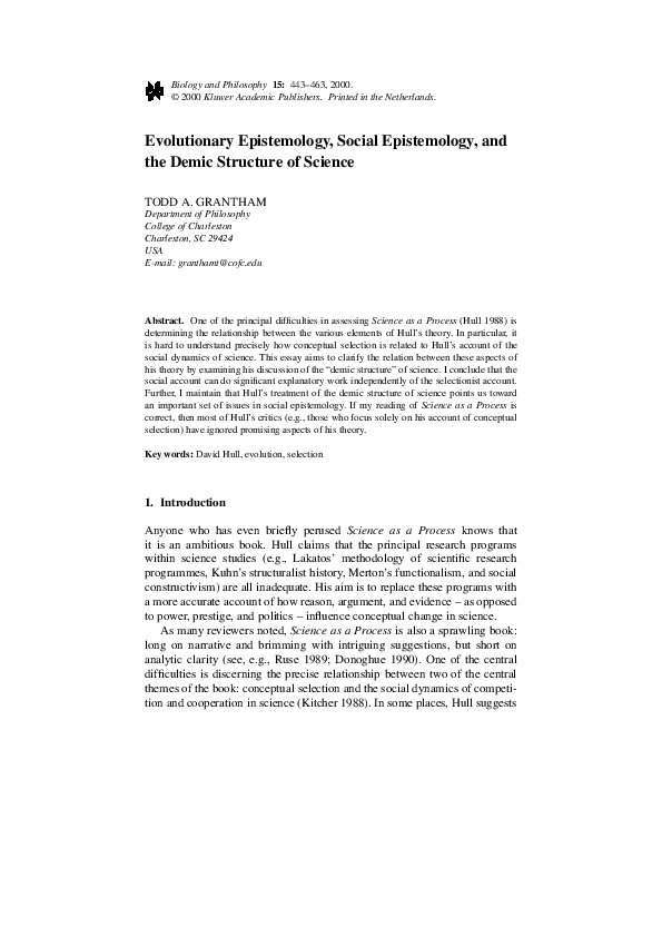 (PDF) Evolutionary Epistemology, Social Epistemology, and the Demic ...