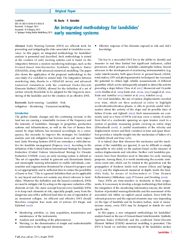(PDF) An integrated methodology for landslides’ early warning systems