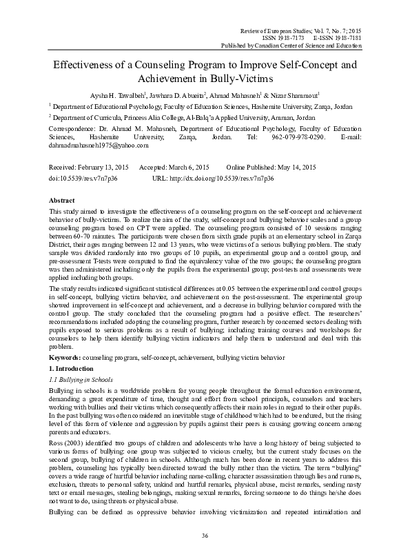 (PDF) Effectiveness of a Counseling Program to Improve Self-Concept and ...