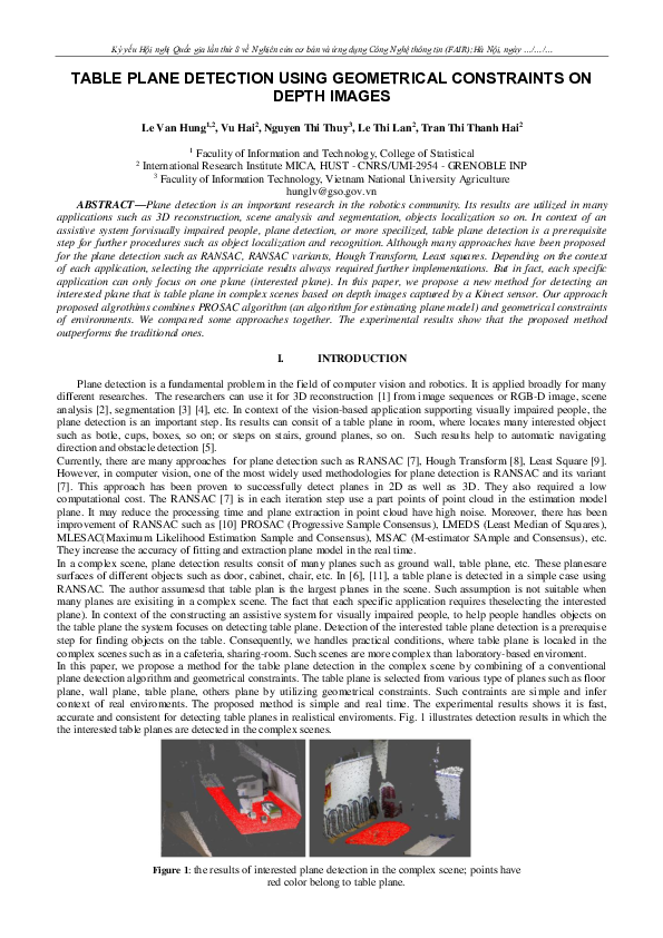 (PDF) Table Plane Detection Using Geometrical Constraints on Depth Images