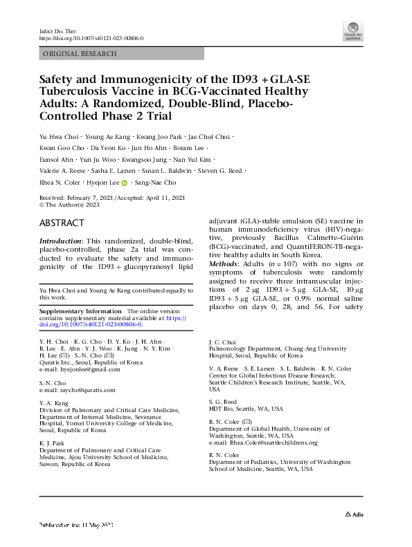 (PDF) Safety and Immunogenicity of the ID93 + GLA-SE Tuberculosis ...