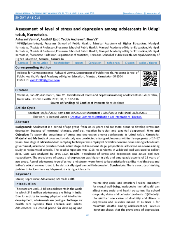 (PDF) Assessment of level of stress and depression among adolescents in ...