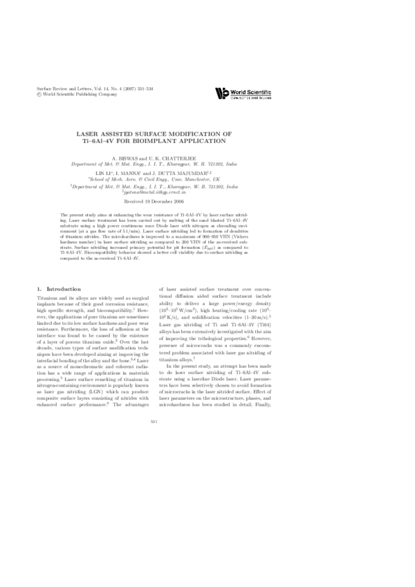 (PDF) LASER ASSISTED SURFACE MODIFICATION OF Ti–6Al–4V FOR BIOIMPLANT ...