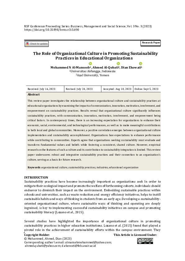 (PDF) The Role of Organizational Culture in Promoting Sustainability ...