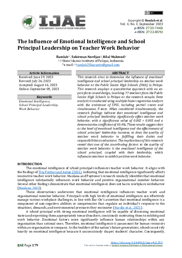 (PDF) Influence of Emotional Intelligence and School Principal ...