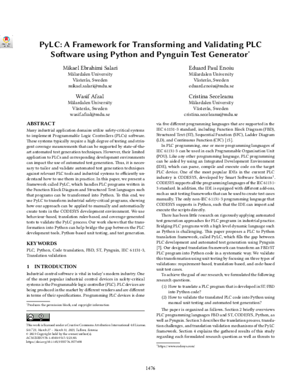 (PDF) PyLC: A Framework for Transforming and Validating PLC Software ...