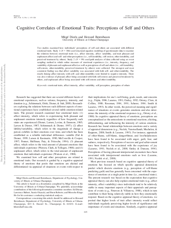 (PDF) Cognitive correlates of emotional traits: Perceptions of self and ...