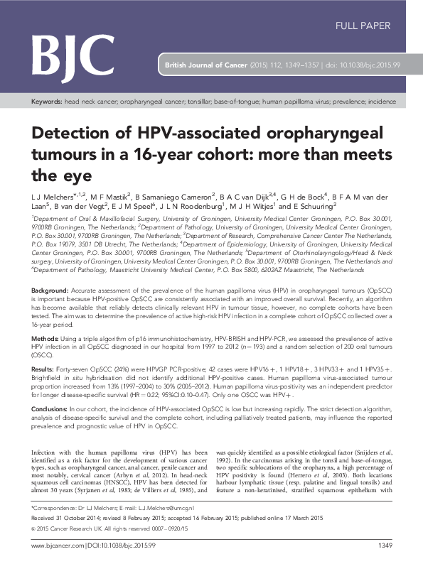 (PDF) Detection of HPV-associated oropharyngeal tumours in a 16-year ...