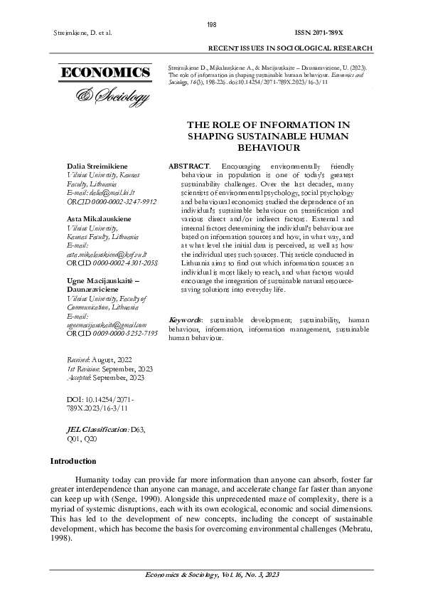 (PDF) THE ROLE OF INFORMATION IN SHAPING SUSTAINABLE HUMAN BEHAVIOUR