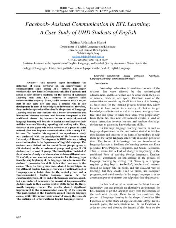 (PDF) Facebook- Assisted Communication in EFL Learning: A Case Study of ...