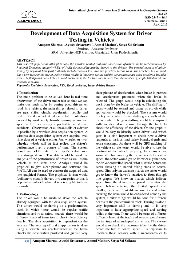(PDF) Development of Data Acquisition System for Driver Testing in Vehicles