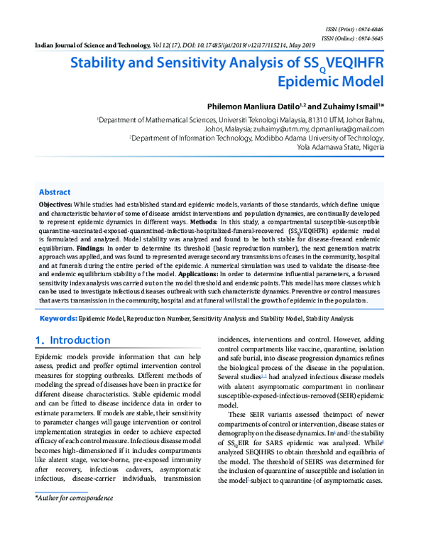 (PDF) Stability and Sensitivity Analysis of SSQVEQIHFR Epidemic Model