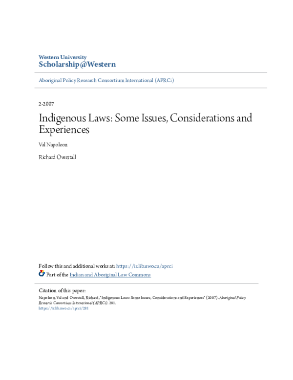 (PDF) Indigenous Laws: Some Issues, Considerations and Experiences