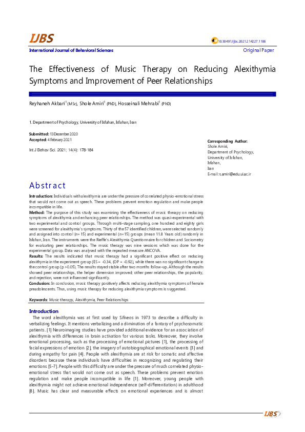(PDF) The Effectiveness of Music Therapy on Reducing Alexithymia ...